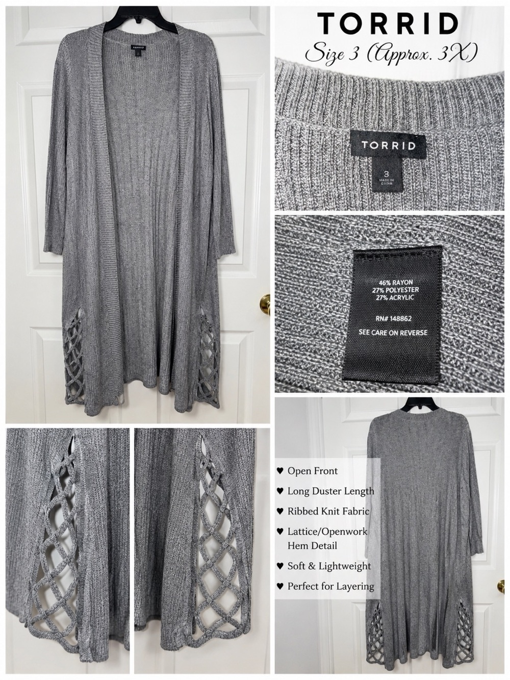 Torrid Size 3 Gray Ribbed Open Front Duster Cardigan Lattice Hem Plus Size 3X